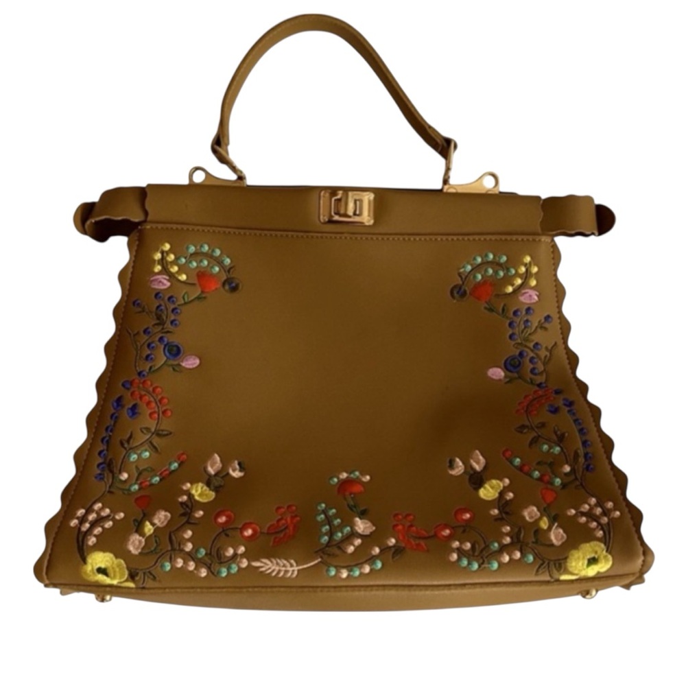 Embroidered Floral Satchel Brown Top Handle Purse Boho Style Detachable Straps